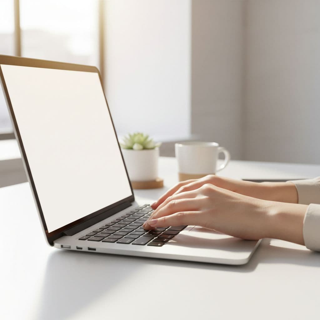 A person types on a laptop keyboard in a bright, clean professional workspace.