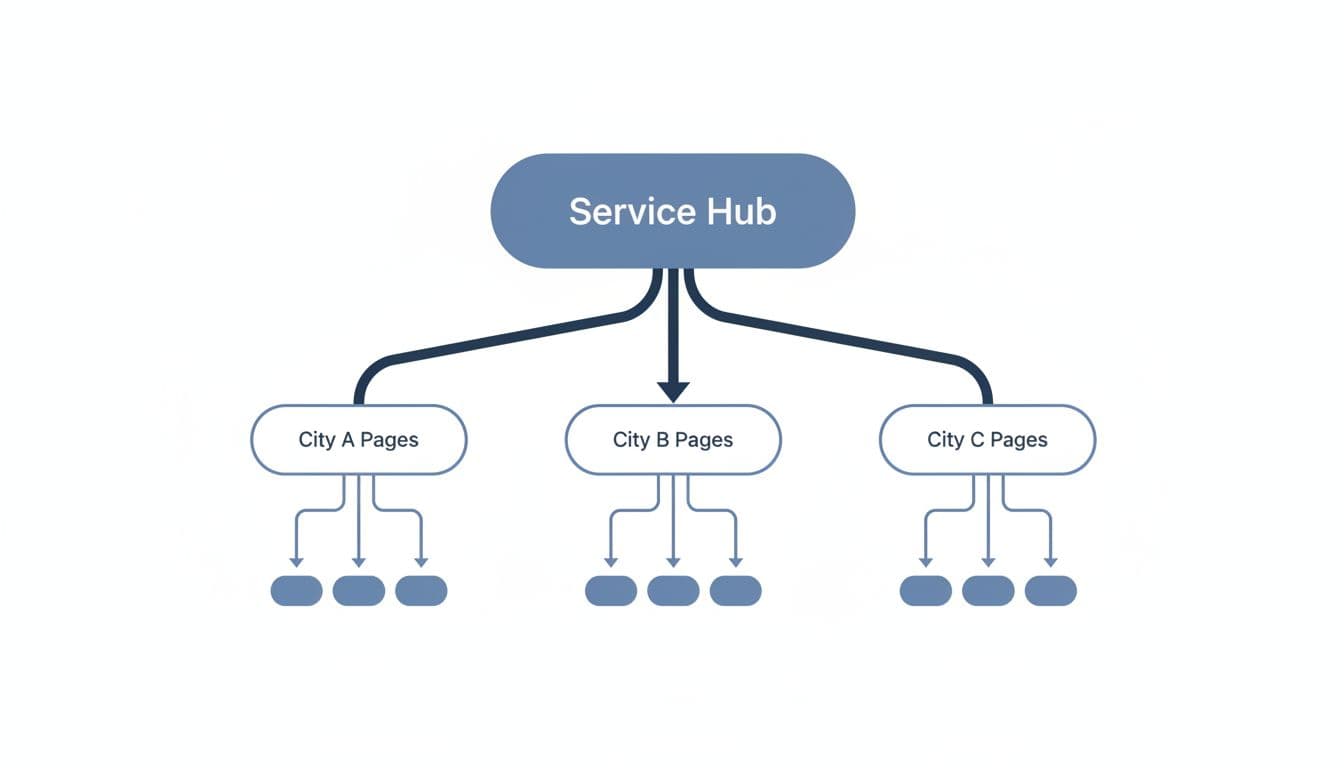A minimalist diagram illustrating a clean website structure with a central hub branching into city pages.