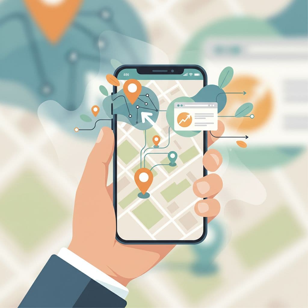 A professional illustration features a person interacting with a mobile device showing a map interface. Glowing navigational lines connect to a stylized landing page, representing seamless user journeys and growth metrics.