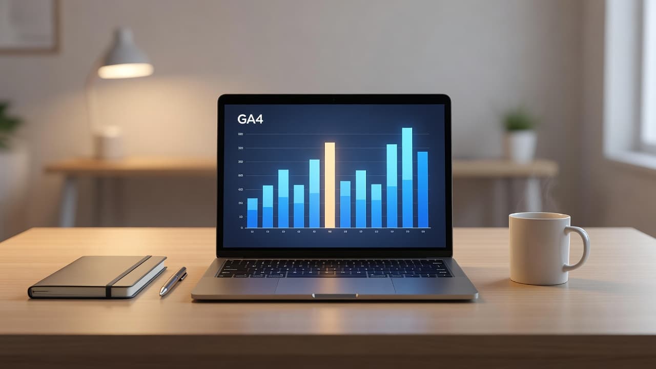 An open laptop sits on a sleek desk displaying a vibrant bar chart representing website traffic metrics. Soft ambient desk lighting casts a warm glow across the tidy professional office setup.