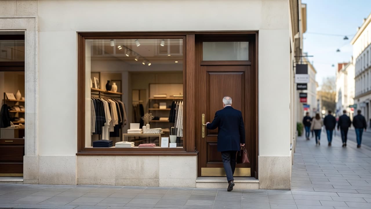 A stylish boutique features a large glass display window and a recessed wooden door. A single shopper enters the shop from the sidewalk under soft, natural daylight on a quiet street.