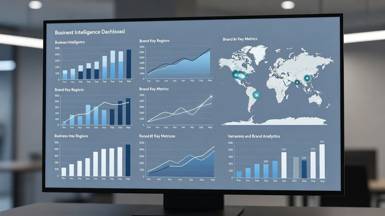 A sleek, professional monitor displays intricate data visualization charts and graphs within a dimly lit office environment. Soft ambient lighting highlights the screen, emphasizing trends across multiple key performance metrics.