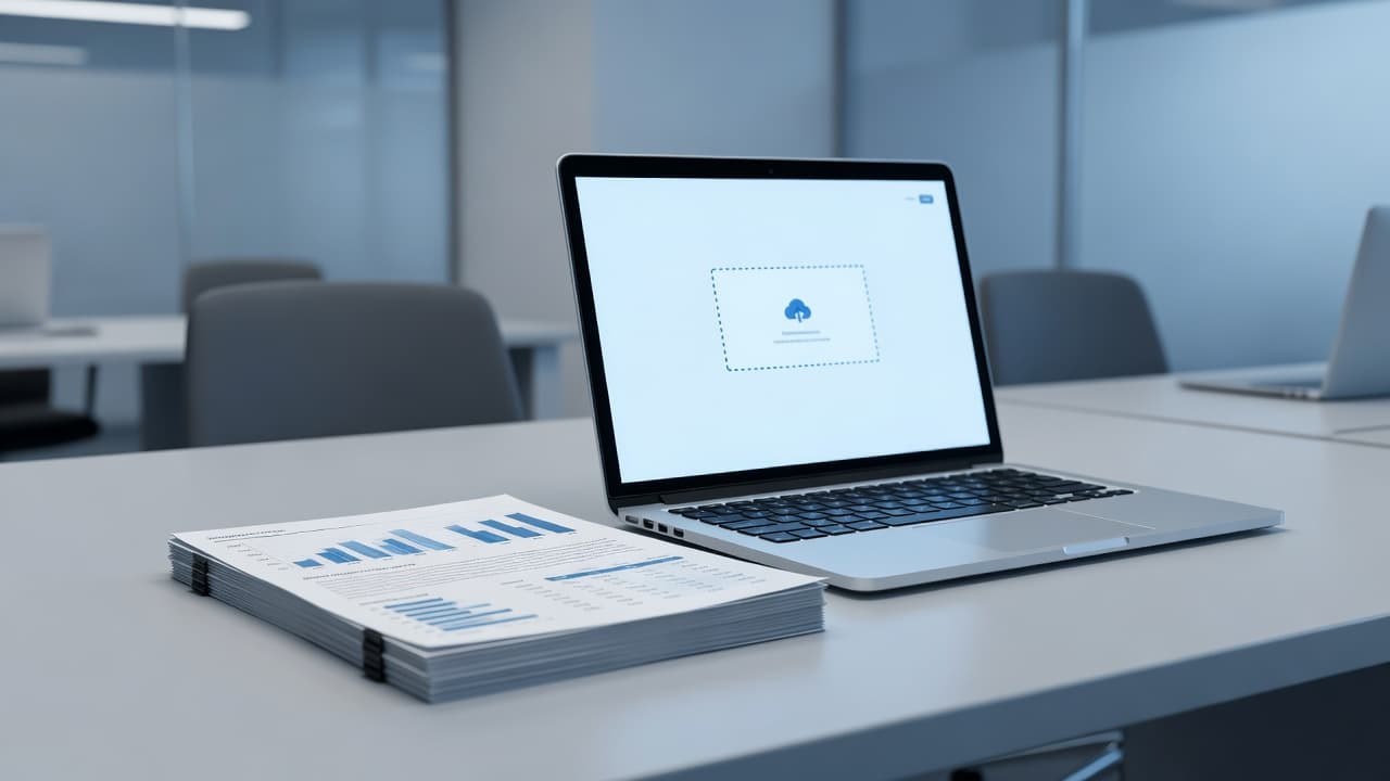 A sleek silver laptop screen displays a file transfer window beside a stack of organized paper business documents. The desk surface features a professional layout with soft blue and gray lighting.