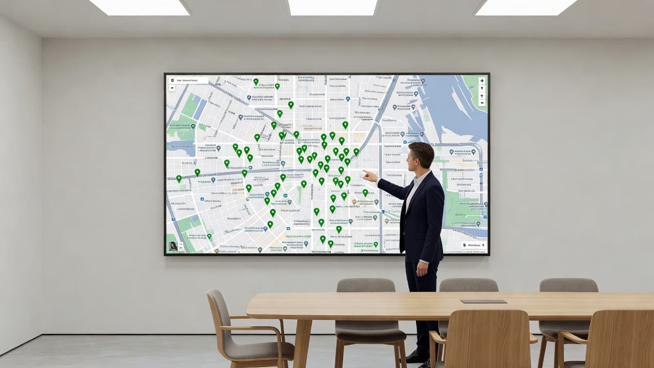 A professional stands before a large wall screen displaying a digital city map. Numerous bright green pins identify verified business sites, representing organized regional growth and strategic office performance management.