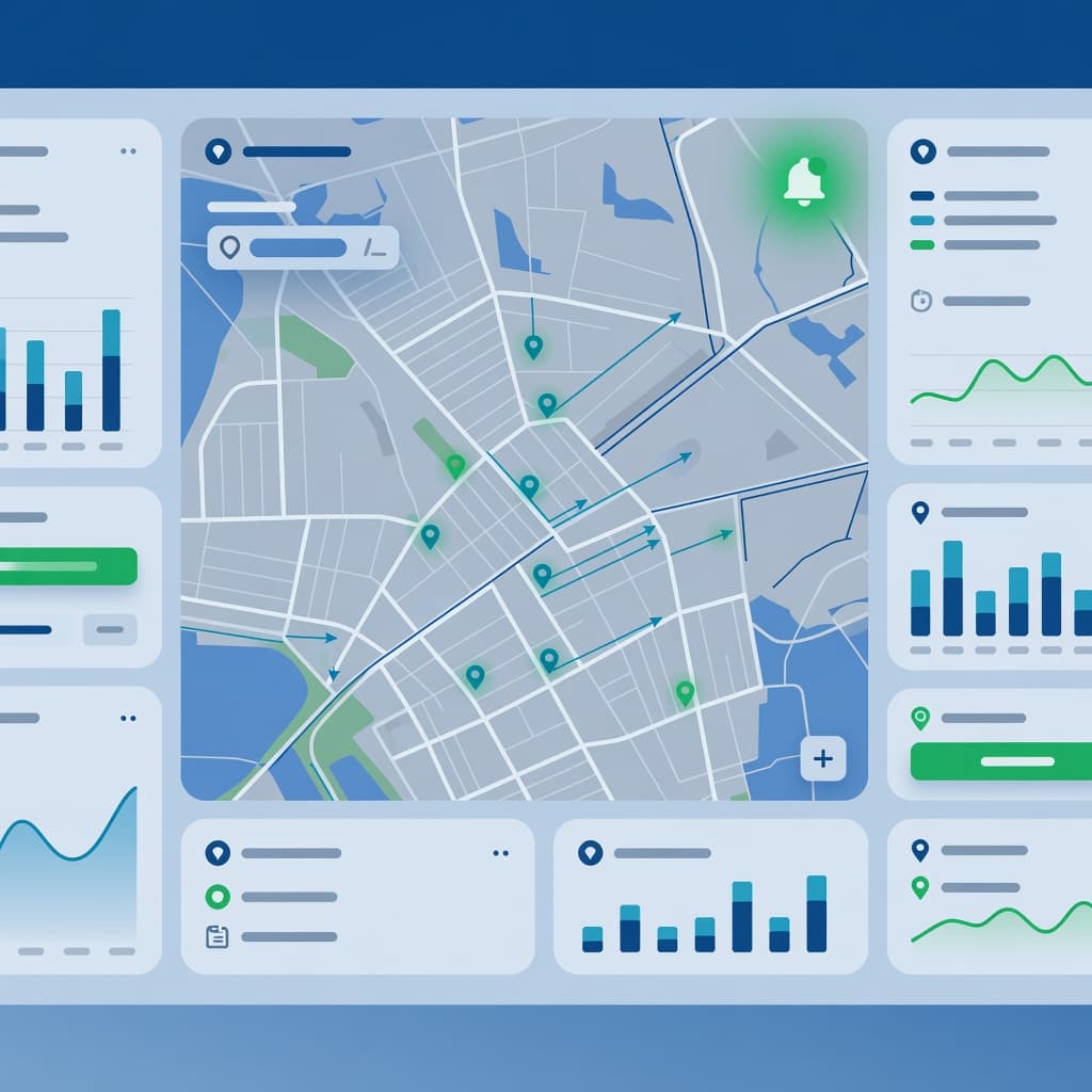 A sleek digital interface displays a detailed regional map highlighted in blue and green tones. A glowing notification bell icon signals recent edits to a specific business location on screen.
