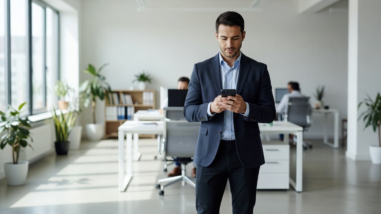 A focused business owner stands in a bright, modern office holding a smartphone to check incoming messages. The soft-focus background highlights the professional setting and natural daylight streaming into the space.