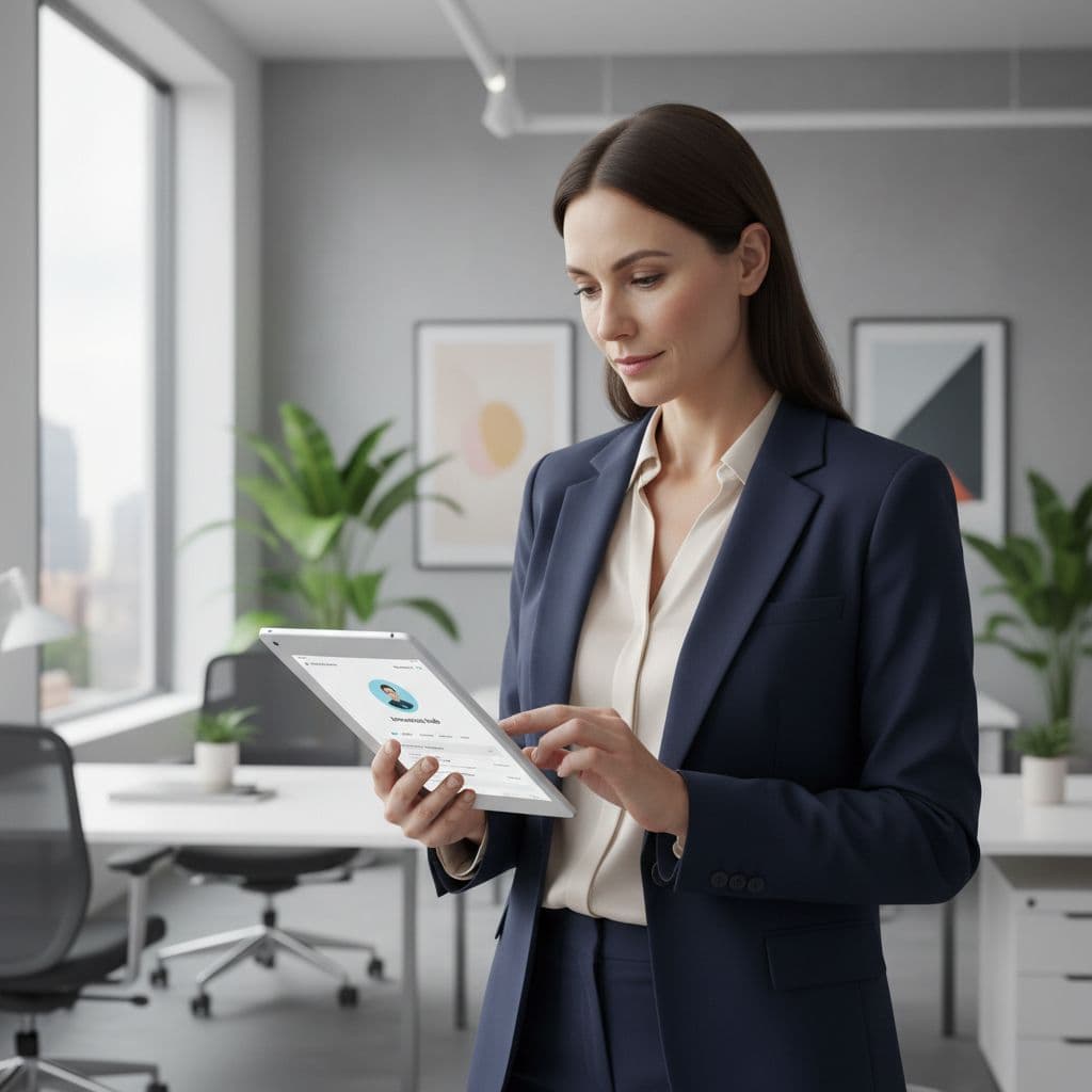 A focused entrepreneur stands in a contemporary office holding a sleek digital tablet. They review professional credentials on the screen while soft natural light illuminates the clean, minimalist workspace environment.