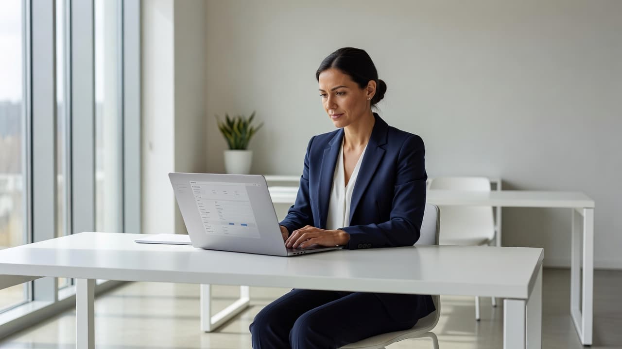 A focused entrepreneur stands in a sunlit minimalist office while reviewing digital tasks on a sleek laptop. The clean workspace features neutral walls and soft lighting to highlight professional productivity.