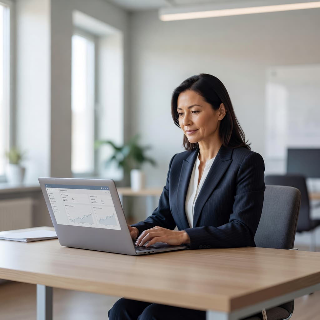 An entrepreneur sits at a minimalist white desk, reviewing digital business data on a slim laptop. Soft morning light streams through glass windows, creating a serene and productive workspace atmosphere.