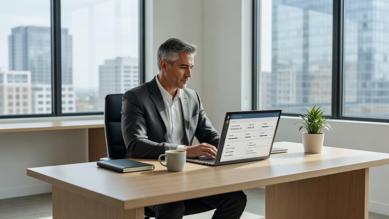 A focused business owner sits at a sleek minimalist desk inside a bright, sunlit office. They utilize a silver laptop to manage digital tasks within a tidy and professional workspace environment.