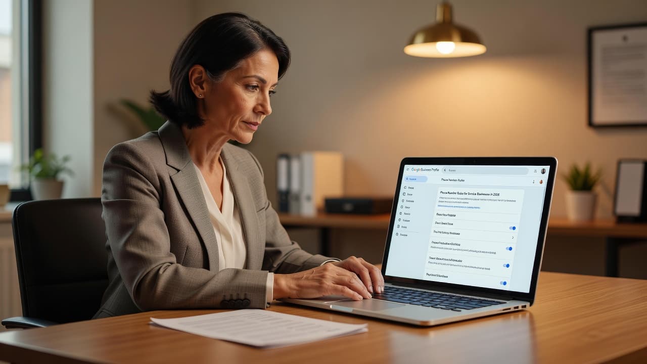 A focused entrepreneur sits at a tidy wooden desk while reviewing account settings on a silver laptop. Warm golden light fills the clean workspace, highlighting the professional atmosphere of the room.
