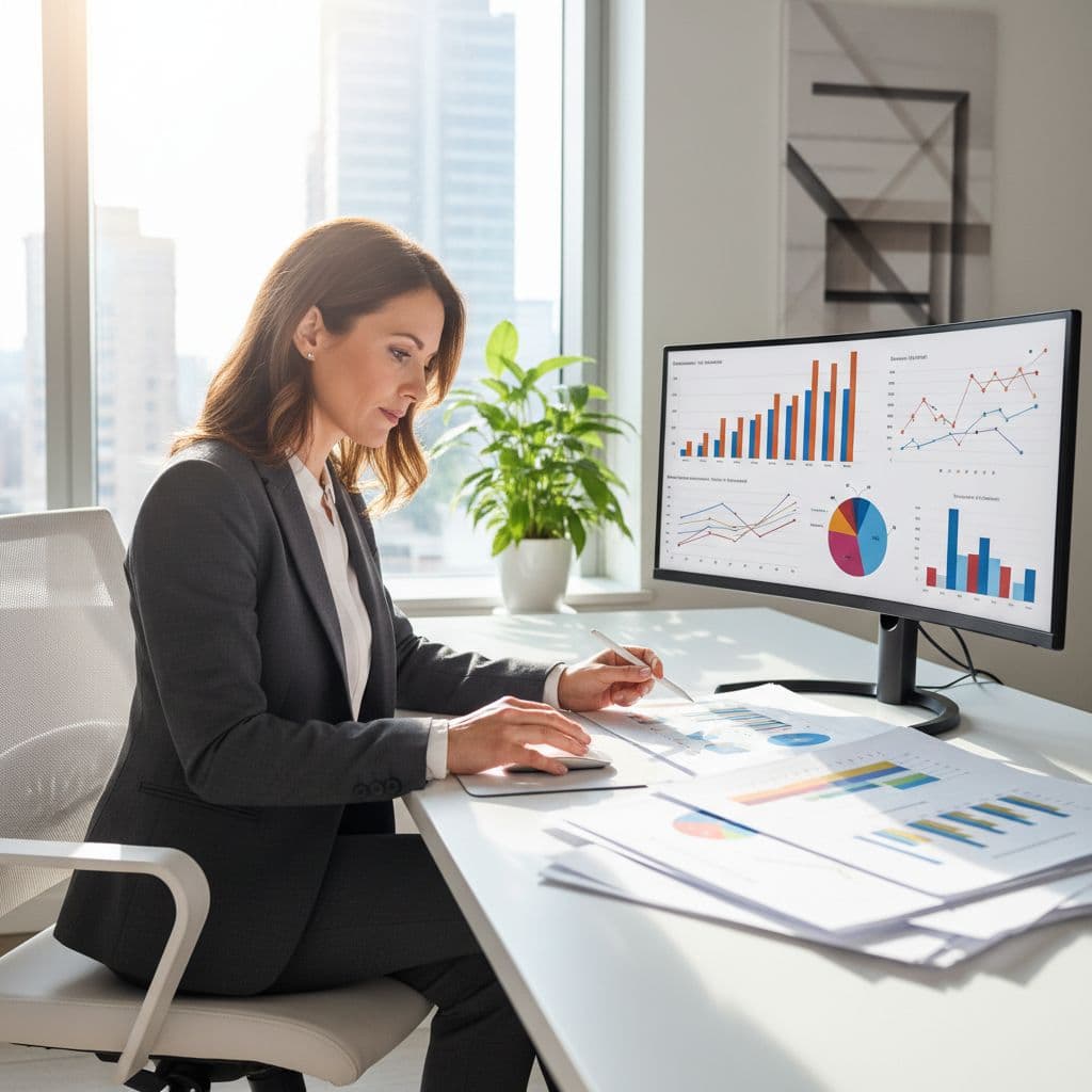 A professional entrepreneur sits at a bright desk reviewing complex paper charts and digital analytics on a screen. Natural sunlight illuminates the workspace, highlighting organized documents and a clean office environment.