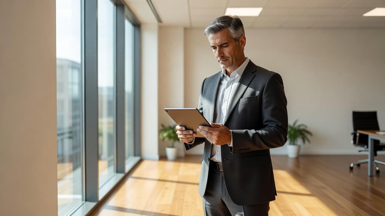 A focused entrepreneur reviews data on a digital tablet within a sunlit office. Bright light streams through the glass window, illuminating the professional workspace and highlighting a clean, productive atmosphere.
