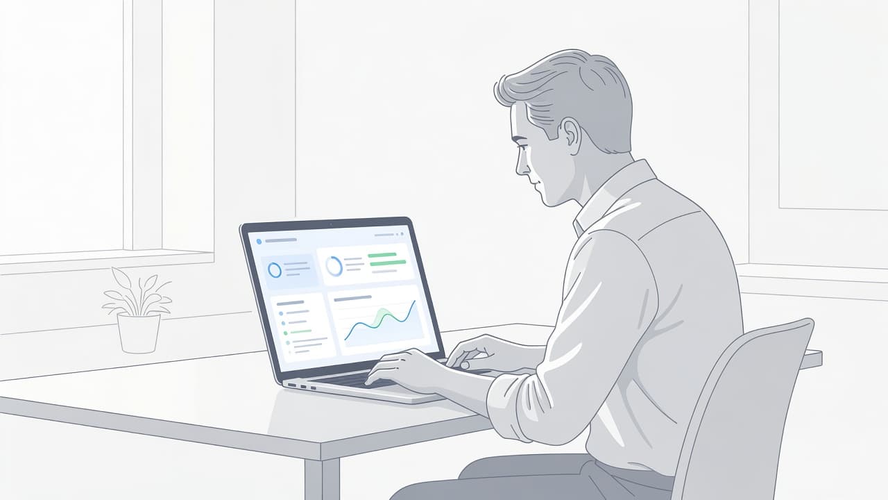 A focused business owner sits at a sleek desk reviewing a digital support interface on their laptop screen. Soft blue and green office accents frame the minimalist and clean professional scene.