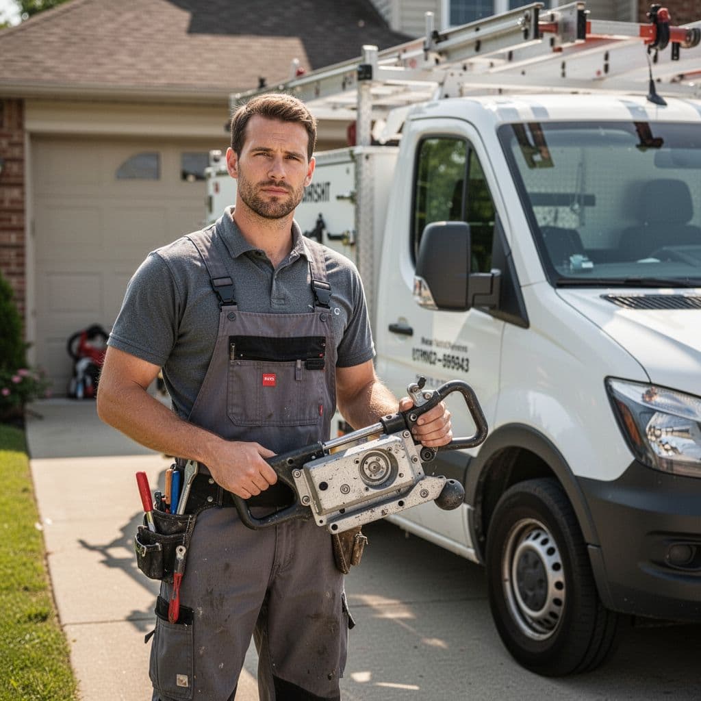 A business owner stands next to a branded service vehicle in a sunlit driveway, showcasing professional tools and equipment. The clean setup demonstrates operational legitimacy for the company verification process.