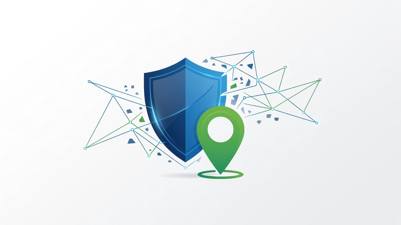 A minimalist blue and green shield icon hovers over a red business map pin. Soft shadows create depth, emphasizing the protective concept against a clean, professional digital background design.