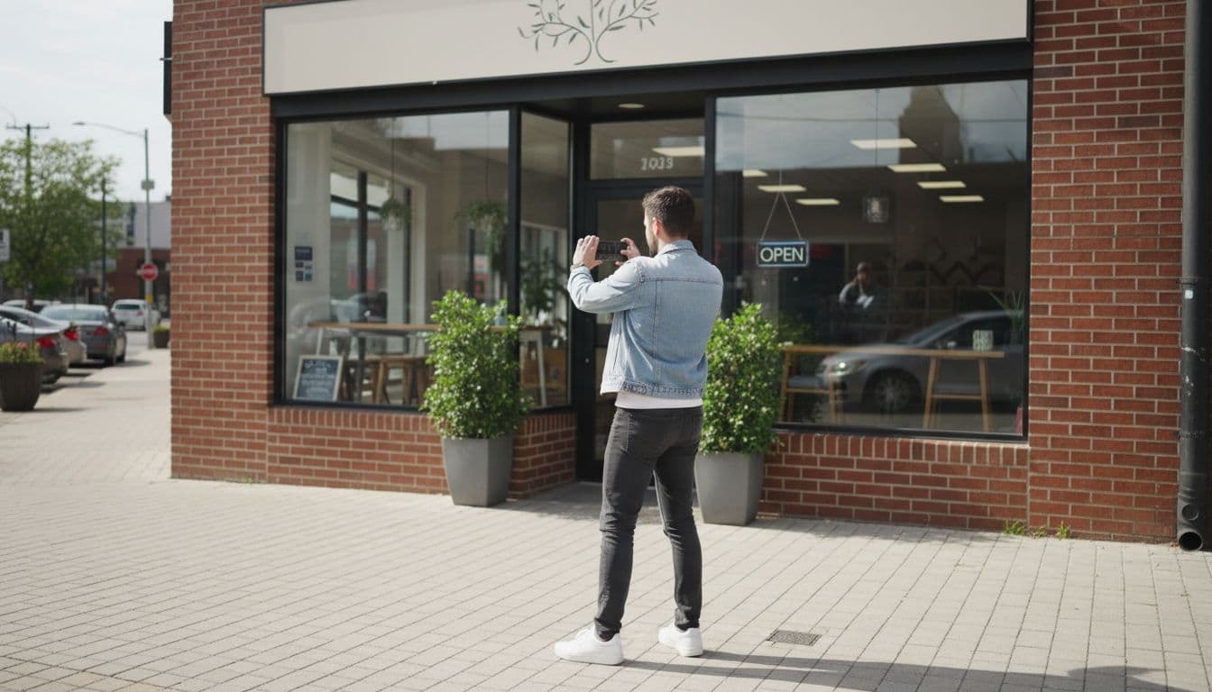 An individual stands outside a commercial building holding a smartphone steady to record video footage. This visual demonstration highlights the specific procedure required for verifying a Google Business Profile account.