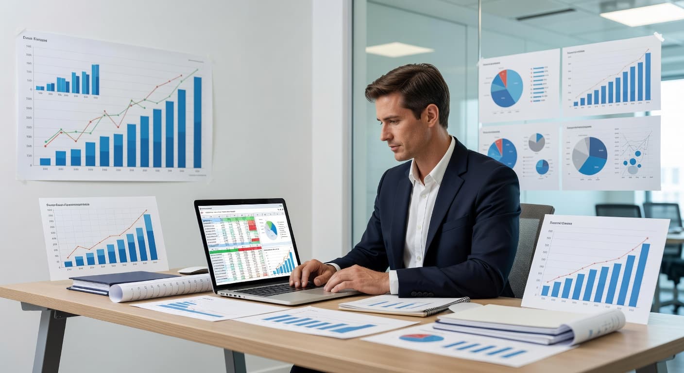 An employee focused on a laptop screen displays complex analytical charts and organized data spreadsheets. Bright ambient office lighting highlights the professional environment and the systematic approach to digital business operations.
