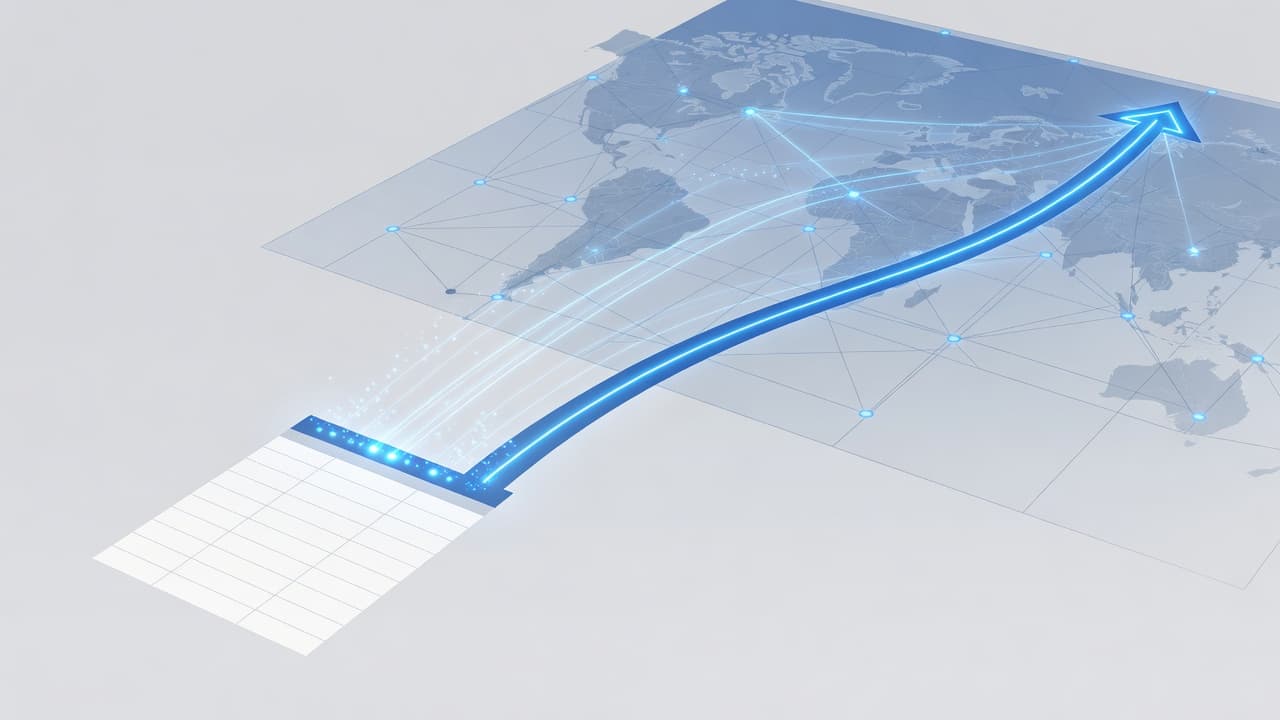 A simplified spreadsheet file icon transitions into a digital map interface. The clean graphic utilizes a professional palette of cool blues and slate greys to illustrate seamless data integration paths.