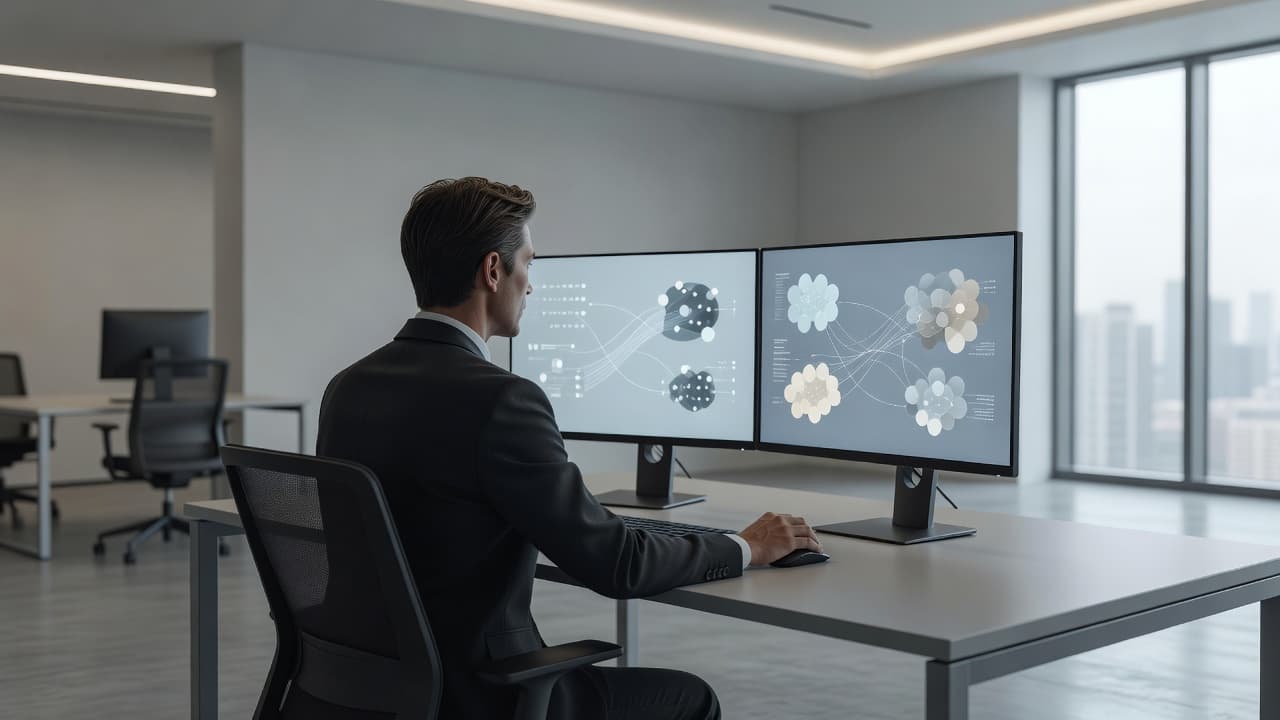A professional desk features two wide computer monitors displaying glowing charts and interconnected data nodes. The office background remains softly out of focus, emphasizing the analytical hub of the workstation setup.