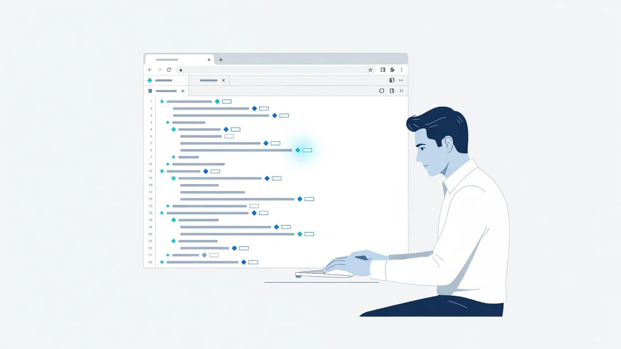 A minimalist browser window displays abstract code blocks and tag markers on a clean blue background. The composition highlights a technical workflow used to identify and isolate specific tracking errors.