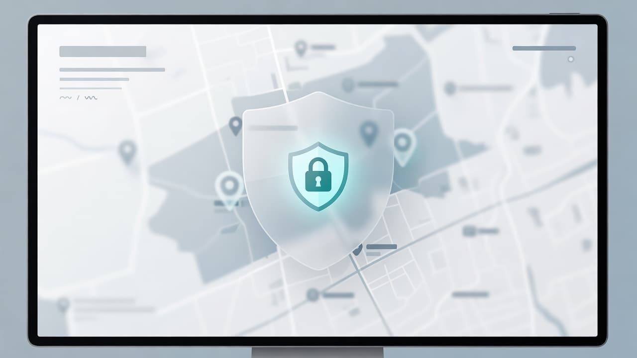 A sophisticated digital map displays a stylized navigation interface featuring a blurred location pin. A translucent geometric shield overlay protects the site coordinates, rendered in a clean and professional modern aesthetic.