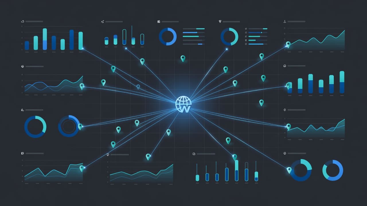 A complex data visualization interface displays a glowing world map with several pins connected to a central web hub. Vibrant blue and teal charts flank the edges to illustrate real-time traffic.