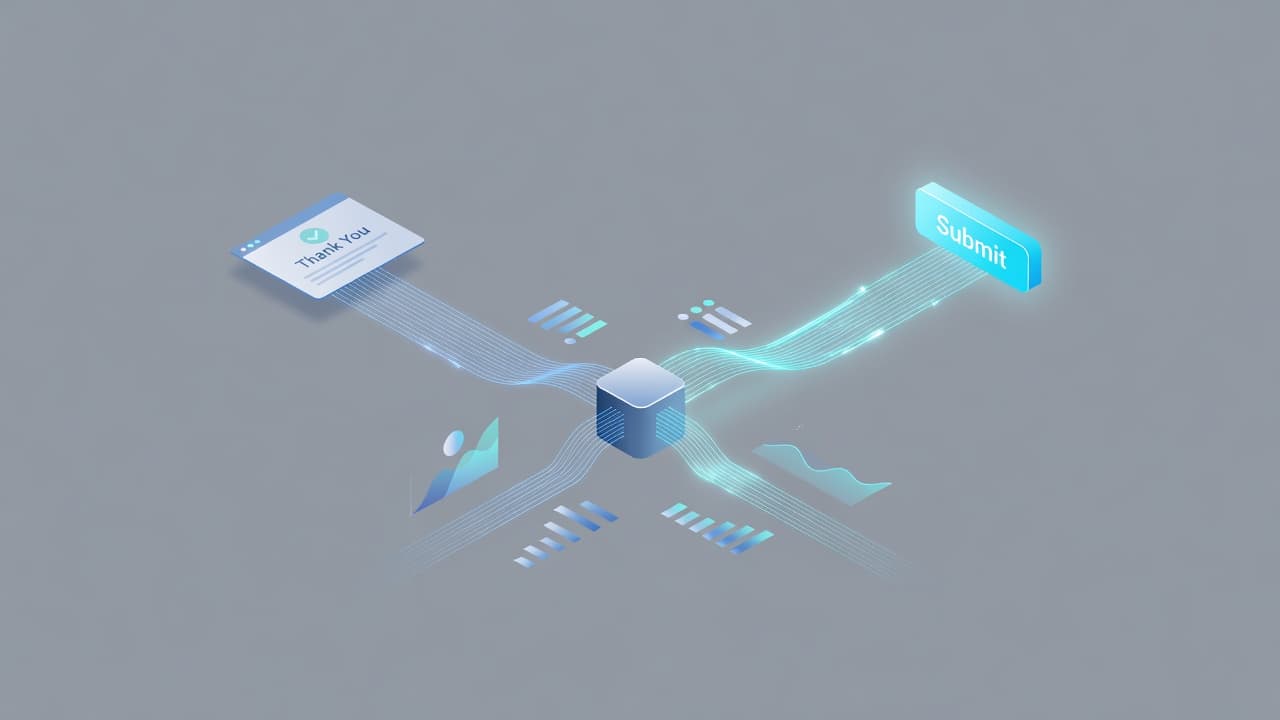An isometric interface displays a page-load icon and a glowing submission button. Blue data streams converge into a central hub, illustrating how different interaction methods track user activity and conversions.