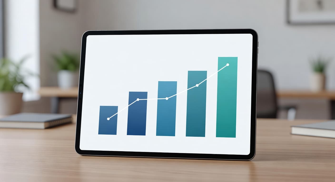 A sleek tablet rests on a blurred office desk displaying colorful bar charts and rising growth trends. Natural light highlights the glossy glass screen against a soft, professional interior backdrop.