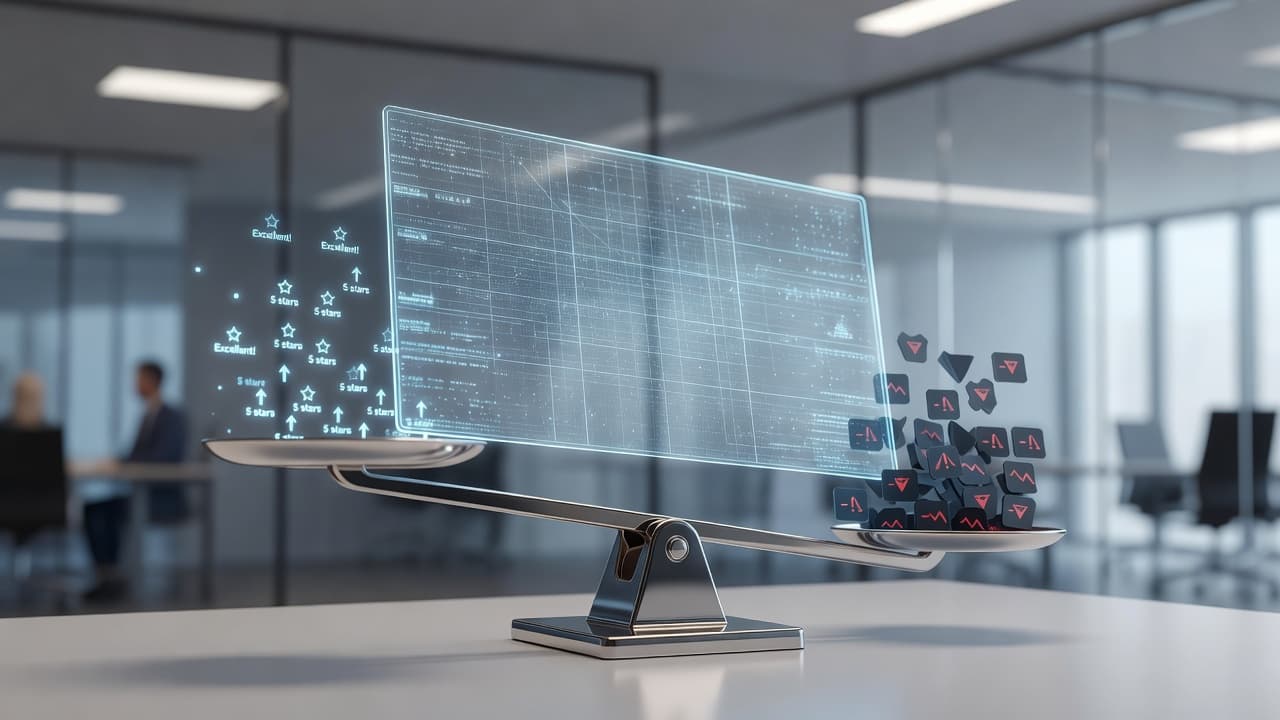 A translucent glass pane balances delicately on a polished metal surface, representing the careful regulation of customer feedback. Soft blue light emanates from behind the screen to signify data verification.