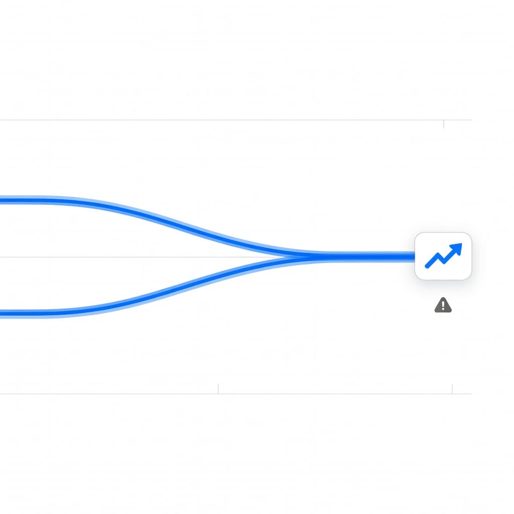 Two distinct blue lines representing data streams converge into a single bright metric point against a stark white background. This clean graphic emphasizes technical tracking challenges within modern digital interface design.