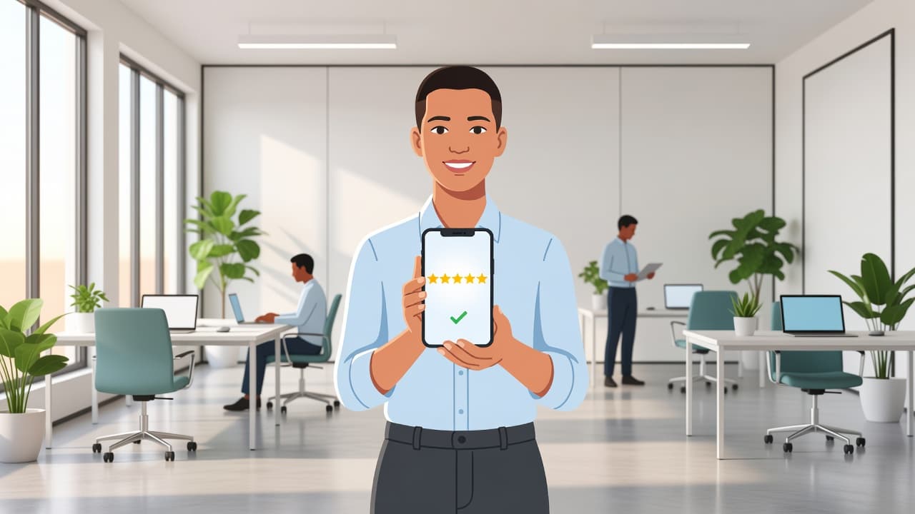 A professional individual holds a smartphone while tapping a screen to submit a glowing review. The bright office setting features minimalist decor and soft lighting, emphasizing a clean, modern aesthetic.