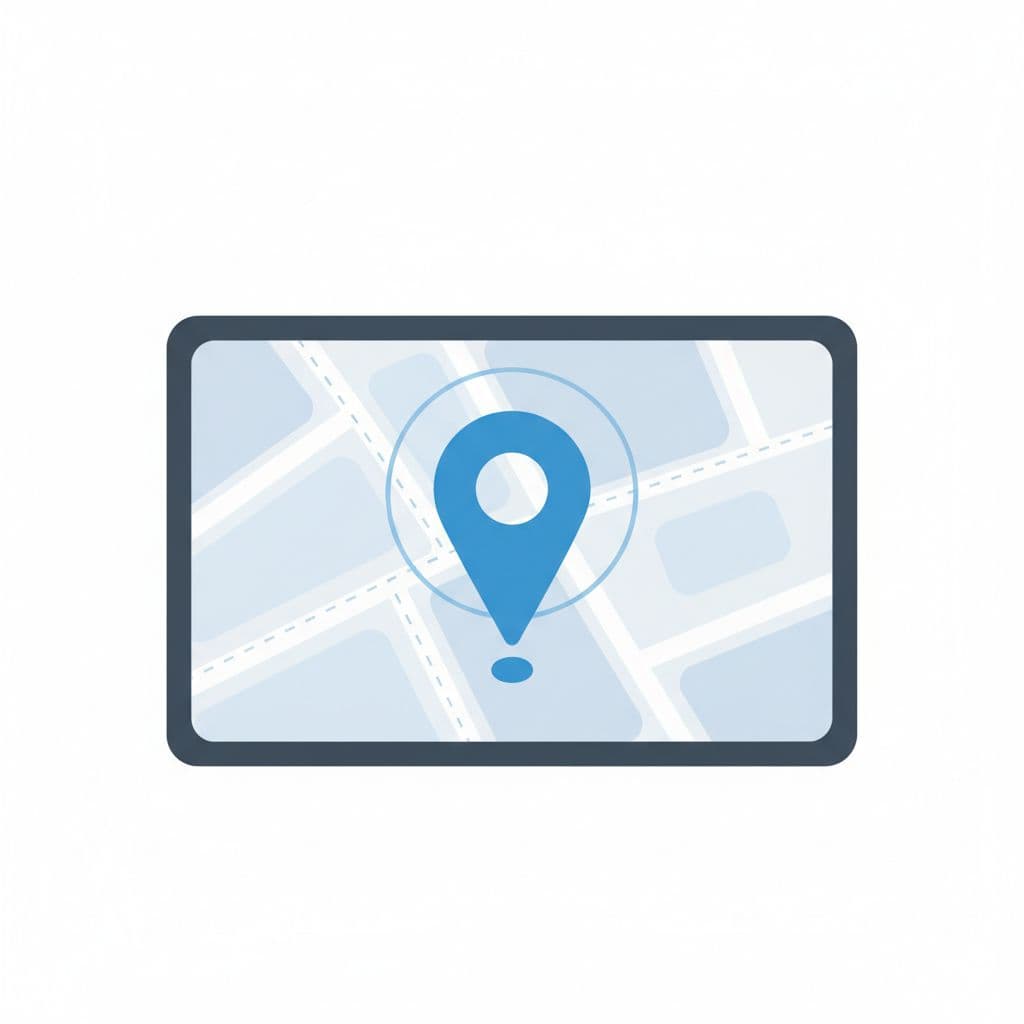 A clean, abstract blue map pin rests on a subtle grey interface grid. Soft shadows define the shape, highlighting a professional design meant to symbolize reporting business spam locations online.