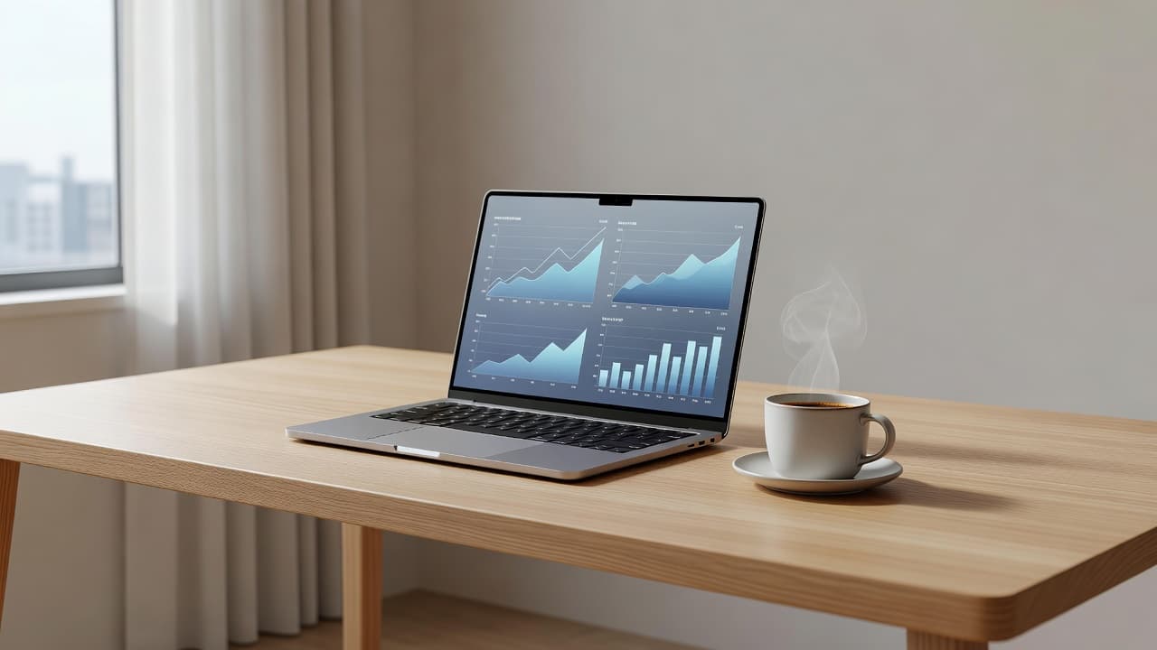 A sleek silver laptop sits open on a light wooden desk, displaying complex data charts on its screen. A steaming porcelain coffee mug rests nearby, bathed in gentle afternoon window light.