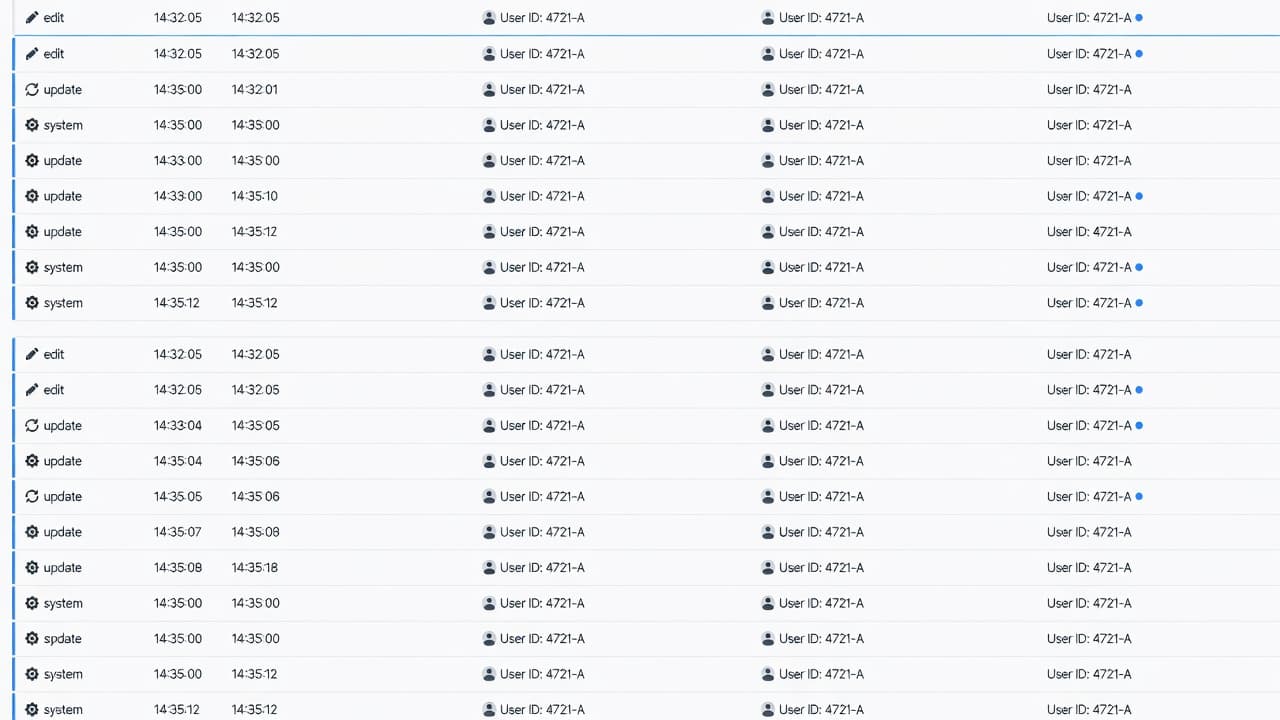 A clean software dashboard displays rows of activity logs with subtle blue status indicators. Each horizontal row organizes historical data entries, clearly visualizing a detailed account of digital profile changes.