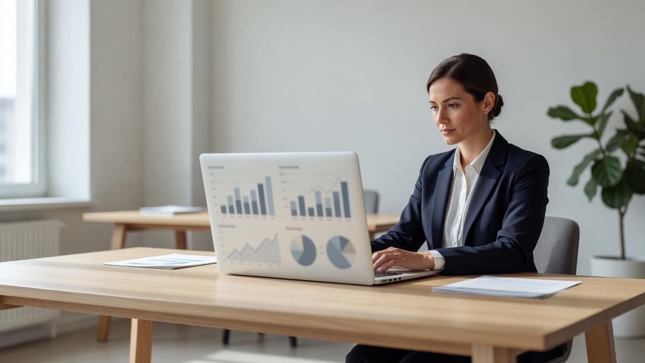 A focused professional works at a minimalist wooden desk featuring a laptop displaying blurred data charts. Soft morning sunlight streams through a nearby window, illuminating the clean, organized workspace environment.