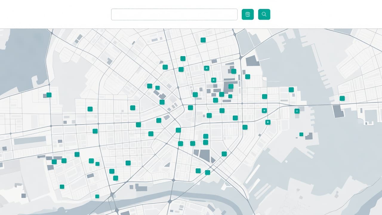 A sleek web interface displays a digital map marked with multiple pins indicating store locations. The clean layout features a sidebar with search filters and results presented in a minimalist design.