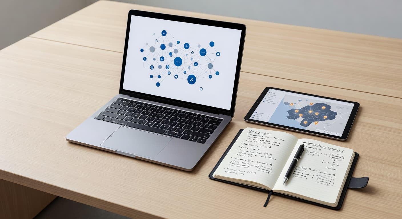 A clean desk features a modern laptop, a handwritten notebook, and a sleek digital tablet. These tools are arranged to facilitate efficient management across multiple remote business locations during the day.