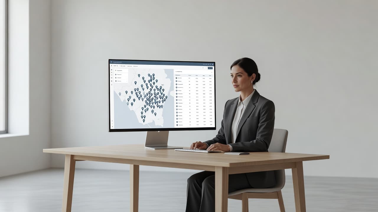 A professional manager monitors a digital map dashboard on a computer screen. The display features multiple location pins and organized spreadsheet data within a bright, clean, and minimalist office setting.