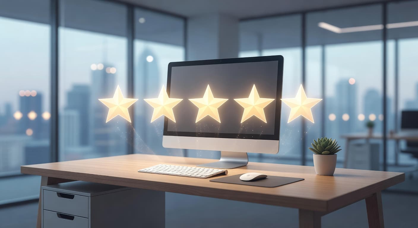 Five glowing star icons hover in mid-air above a sleek minimalist desk. These vibrant symbols emit a soft luminescence against the dark office backdrop, visually representing high client satisfaction and feedback.