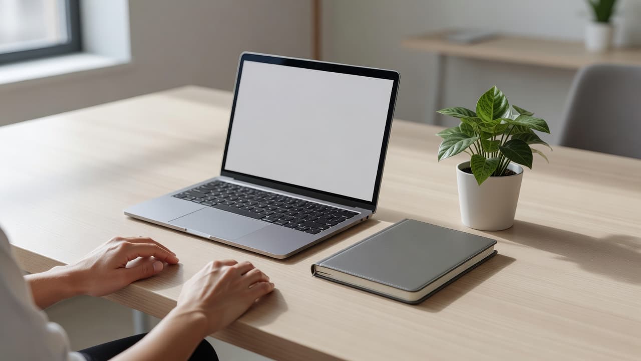 An organized workspace features a sleek laptop and leather notebook placed next to a small green plant. Hands rest calmly on the surface, emphasizing a focused, clean environment for strategic planning.