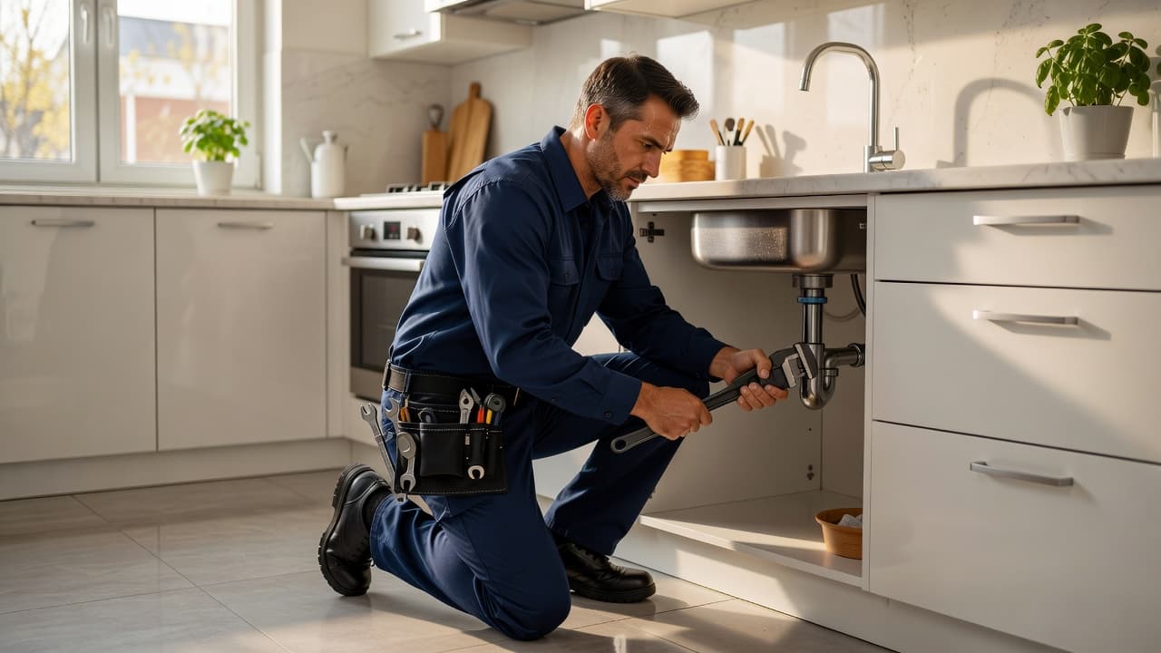 A technician in a clean blue uniform works under a kitchen sink, holding a silver wrench. Sunlight streams into the tidy space, illuminating modern appliances and organized granite countertops nearby.