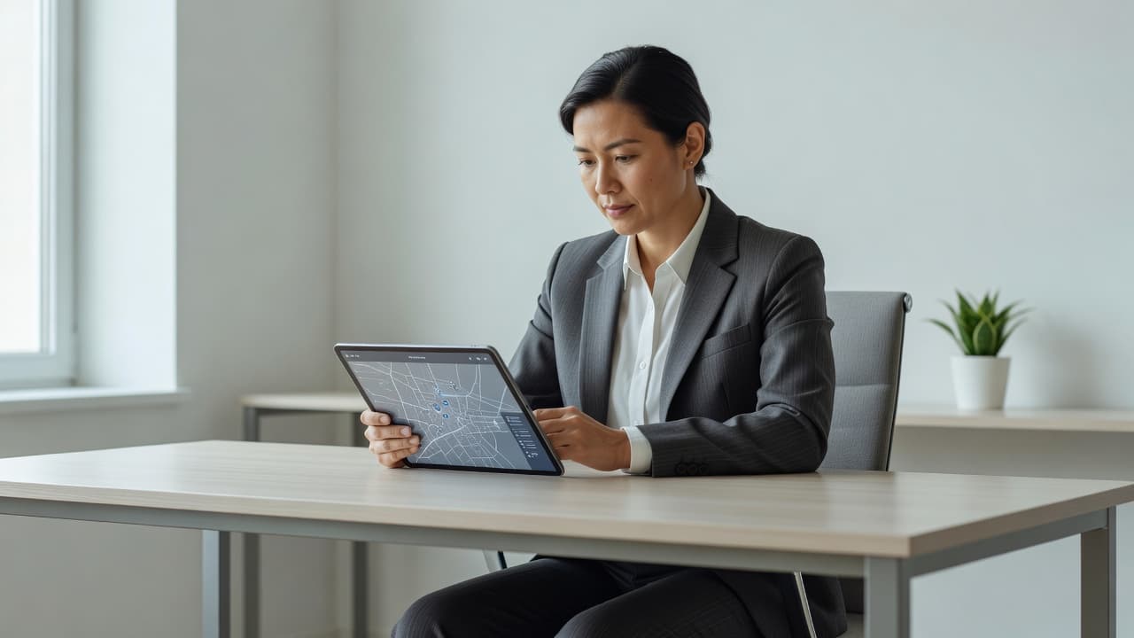 A focused professional in neutral attire sits at a minimalist desk, examining a digital map displayed on a sleek tablet. Soft natural light from a window illuminates the clean office environment.