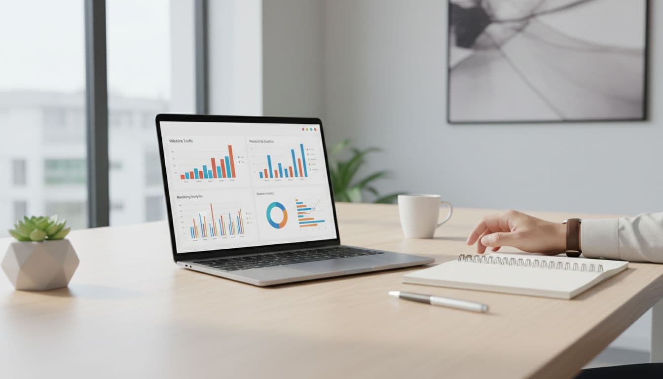 A close view of a minimalist desk featuring a laptop screen with analytical charts. A human hand rests beside an open notebook, suggesting careful analysis of online marketing performance metrics.