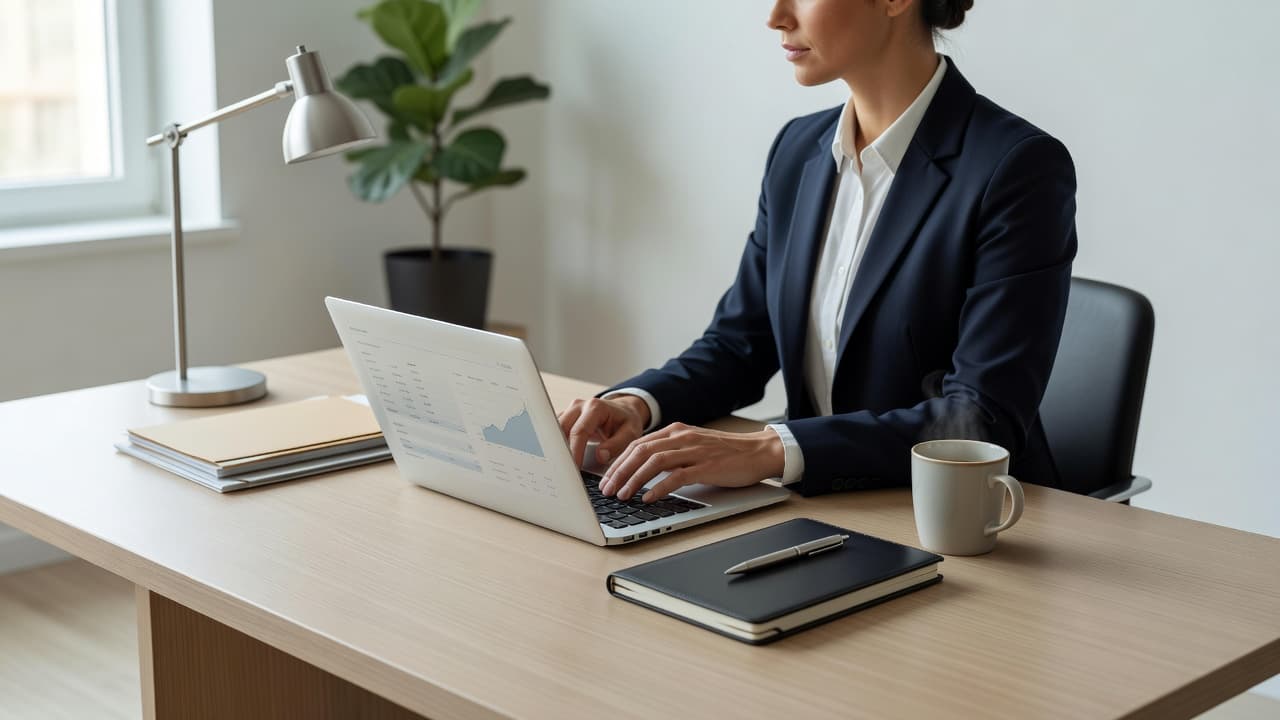 A minimalist desk setup features a sleek silver laptop alongside a neatly positioned notebook in a brightly lit room. This organized environment creates a professional atmosphere for focused consulting tasks.
