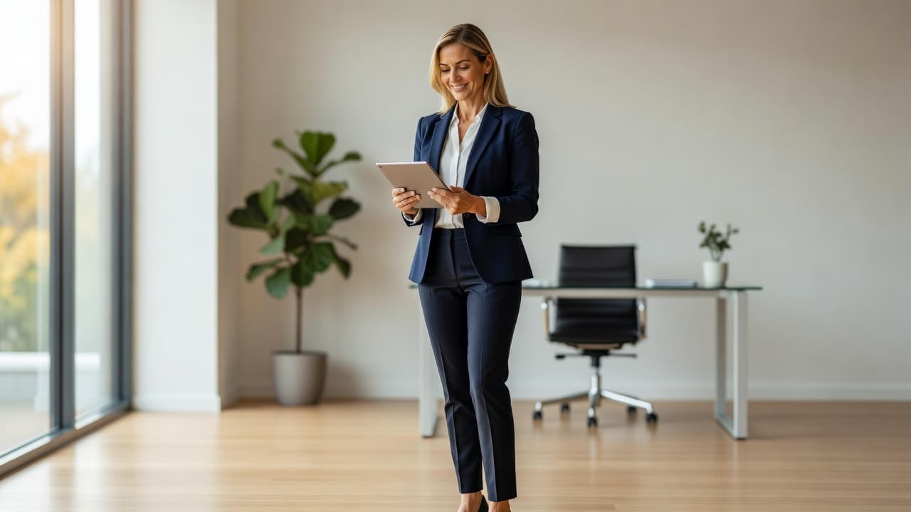 A well-dressed professional stands in a sunlit modern office while reviewing digital data on a handheld tablet. The clean environment features neutral decor and soft natural lighting from nearby windows.