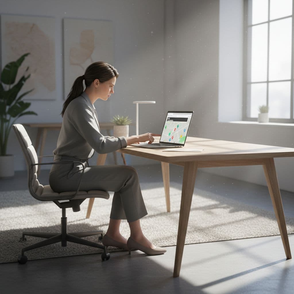 A person sits at a sleek desk in a bright office while analyzing a laptop screen. Soft sunlight illuminates their workspace as they focus intently on identifying potential business spam results.