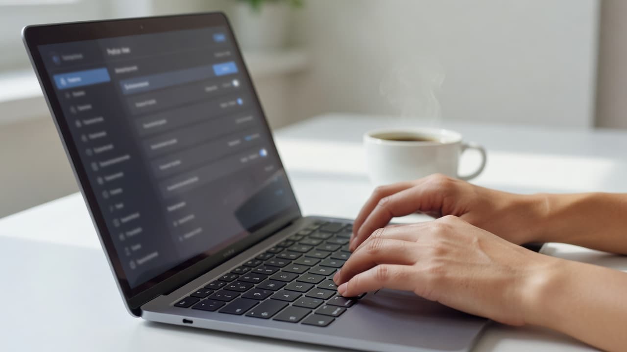 Close-up of hands typing on a sleek silver keyboard with a blurred screen in the background. A steaming ceramic coffee mug rests beside the device within a bright, minimalist workspace.
