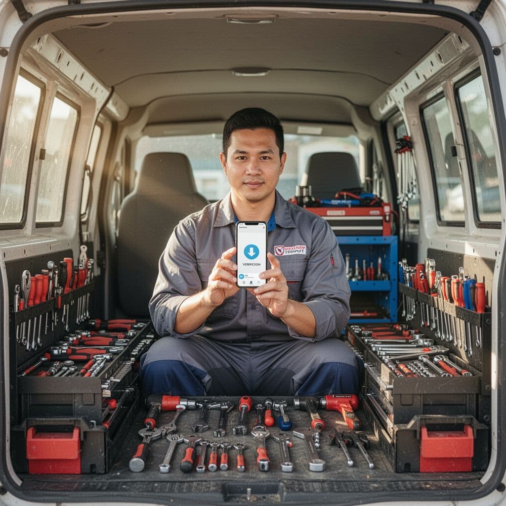 A service technician stands inside a utility vehicle filled with organized tools and equipment. He holds a smartphone steady to record a verification video while bathed in bright natural sunlight.
