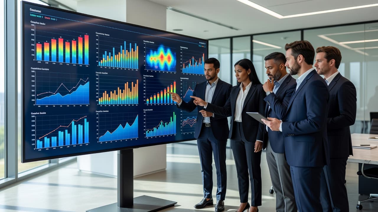 Diverse professionals stand before a expansive wall-mounted monitor displaying colorful geographic performance heat maps. The bright, open-plan office features clean lines and modern glass partitions reflecting the professional corporate environment.